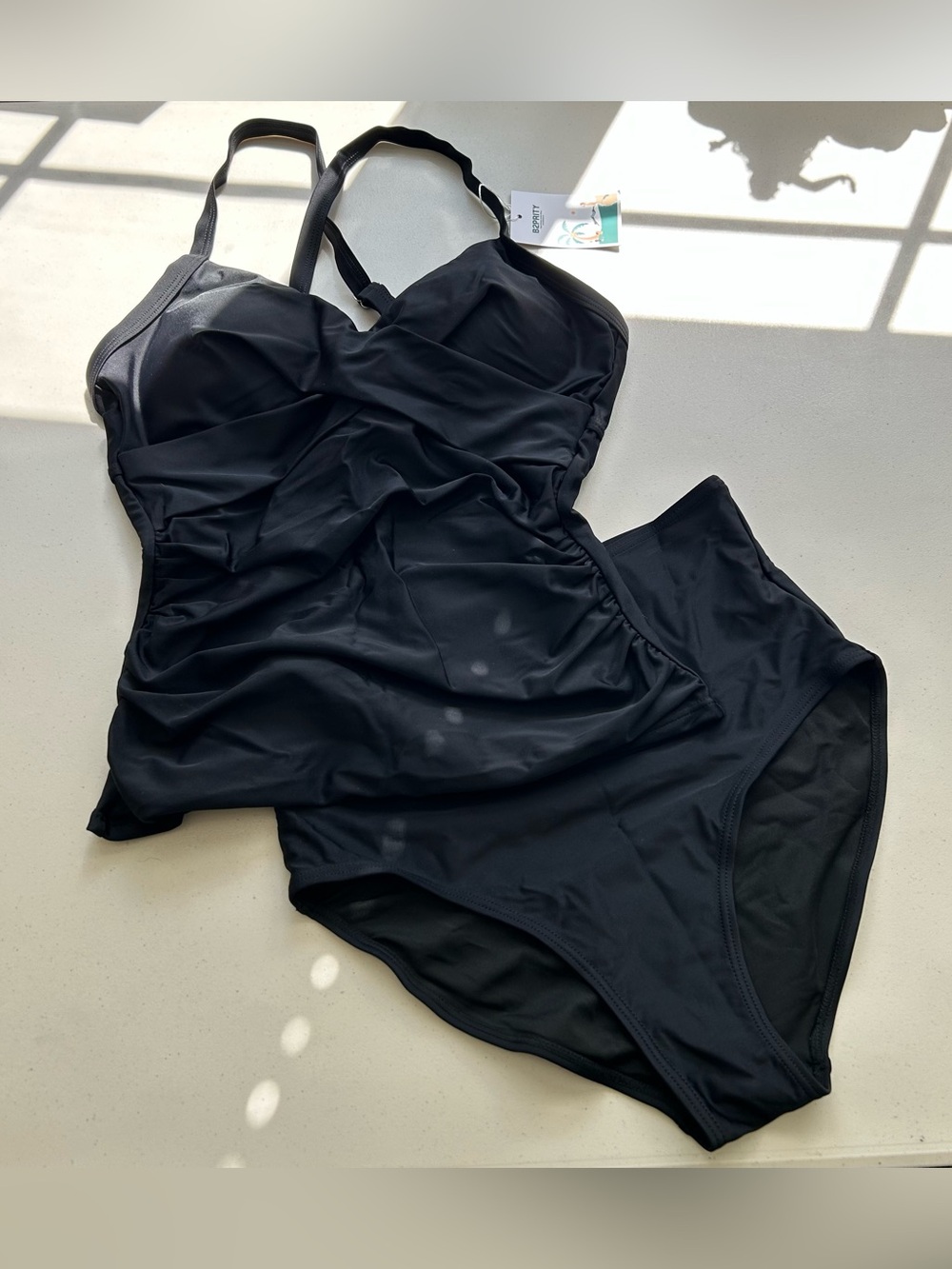 B2PRITY Tankini Bikini Set Black Small Tummy Control Top High Waisted Bottom